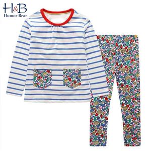 Set di vestiti per bambini Ragazze Primavera e autunno Strisce di fiori Top a maniche lunghe + Pantaloni 2 pezzi Set Abbigliamento per bambini 210611