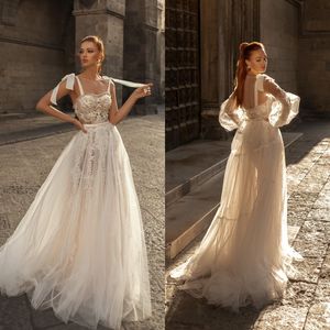 Katherine Joyce 2021 Boho Suknie ślubne Zdejmowane Długie Rękaw Koronki Appliqued Spaghetti Pasek Suknie Ślubne Robe de Mariée