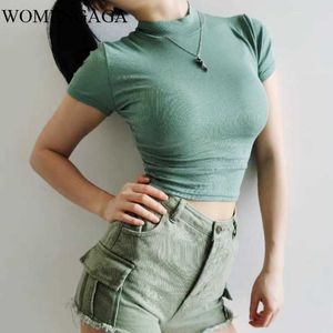 Womengaga Summer Women High Neck Fitted Short Sleeve T-shirt Ribb Toppar Elasticitet Stickning Sexig Tjej Kvinna T Shirt B778 210603