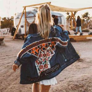 Bohemian Floral Embellished Denim Jacket Women Autumn & Winter Coat Female Folk Appliques Chic Outwear 210603