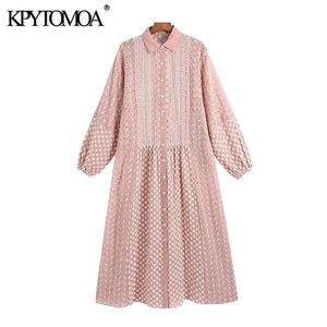 Kpytomoaの女性シックなファッション中空アウト刺繍のMidi Shirt Dressビンテージランタンスリーブボタンアップ女性ドレスvestidos 210806