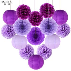 15 pçs / lote lanterna de tecido / pom pomsas flor / roseta fãs aniversário festa de chá de bebê decoração de casamento conjunto de papel violeta