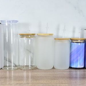 Sublimation Glass with Bamboo Lid baby bottles Straw 12oz 16oz DIY Blanks Frosted Clear Can Shaped Tumblers Cups Heat Transfer Cocktail Iced Coffee Glasses HT C1