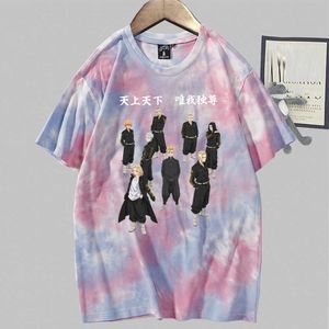 2021 Sıcak Anime Tokyo Revengers Baskı Moda Yuvarlak Boyun Kravat Boya T-Shirt Y0809