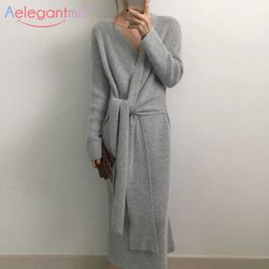 AELEGANTMIS V Pescoço Dress Dress Mulheres Casual Lace Up Criss Cruz Sweater Vestidos Elegante Loose Long Sexy Vestidos Mujer Coreano 210607