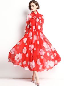 Çiçek Midi Elbise Kırmızı toptan satış-Erken sonbahar kadın şifon çiçek baskı elbise moda yaz bel kapanış vestidos bow fener kollu plaj tatil elbiseler ile yaka standı