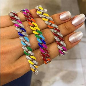 Vendita estiva di gioielli colorati Neon arcobaleno smalto Ice out cz 11mm Bracciale da donna con catena a maglia cubana Miami 211124