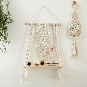 TABESTRYER DIY Handgjorda Tassel Macrame Tapestry Vägg Hängande Hylla Boho Bomull Rope Woven Plant Hanger Wood Floating Decor