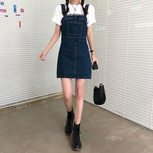 SML Korean Stil Sommar Kvinnor Vintage Hög Midja Rems Denim Dess Kvinna Straight Mini Jeans Klänning Kvinnor (78382 210423