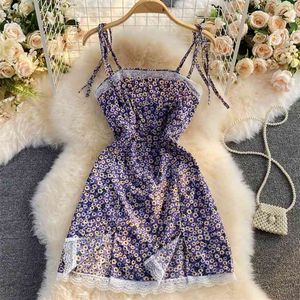 Francês Split Roxo Sexy Floral Vestido Mulheres Verão Nicho Suspender Saia Pequena 210514