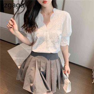 Ezgaga Lace Patchwork Chiffong Kvinnor Blus Kortärmad V-Neck Koreansk Fashion Loose Chic White Shirts Damer Elegant Sommar 210430