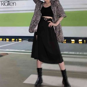 KLALIEN Fashion High Waist Black Midi Skirt Women Summer Streetwear Casual Split Hem Asymmetric Long Ladies 210629