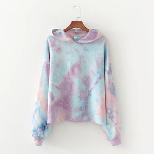 Women Fashion Tie-dying Loose Cotton Hoodies Vintage Hooded Long Sleeve Pullovers Casual Girls Chic Tops 210520