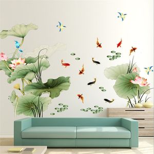 DIY große Lotusblätter Blume Fisch Wohnzimmer Home Decor Vinyl Wandaufkleber Wohnzimmer Schlafzimmer TV Dekoration Tapete 210914