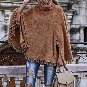 Vinter Höst Solid Färg Slim-Fit Fashion Turtleneck TASSLED HEM CAPE Långärmad tröja Kvinnors lösa fleece Coat Women 210508