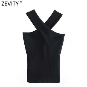 Zevity Women Chic Sexy Cross Strap Black Knitting Camis Tank High Street Ladies Summer Slim Crop Tops SW835 210616