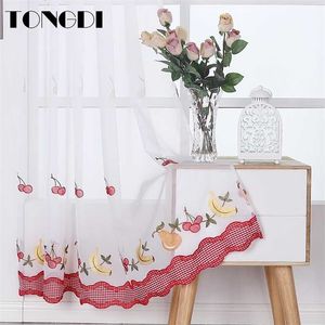 TONGDI Tenda da cucina Pastorale Frutta Cafe Bellissimo ricamo Tulle Decorazione country Decorazione per finestra Cucina Sala da pranzo 211203