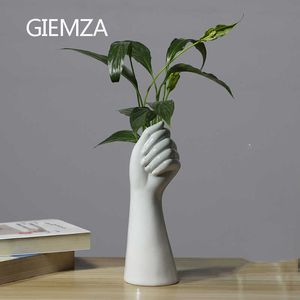 GIEMZA Hands Ceramic White Vase Decor Blender No Plant Flower 1pc Hydroponics Cemetery Stand Unique Vases Office Table 210623