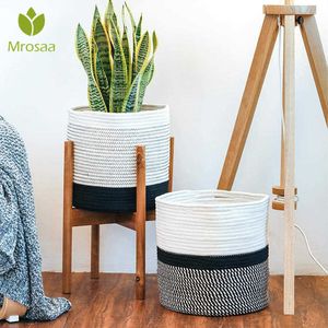 Grön växtblomma Pott Bomull Rope Woven Storage Basket Fällbara Desktop Container Leksaker Arrangör Heminredning Tvättservice 20cm 210609