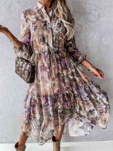 Vintage Floral Print Maxi Dress 2021 Kobiety Boho Długie Rękaw Długa Sukienka Odwróć Kołnierz Casual Sukienki Dresses Robe Y1204
