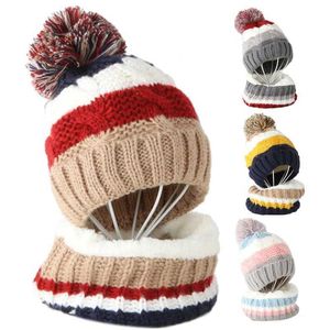 Kids Winter 2pcs Cable Knit Beanie Hat Scarf Set Cute Pompom Contrast Color Stripes Skull Cap Plush Lined Neck Warmer