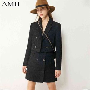 Minimalism Autumn Winter Fashion Coat For Women Vintage Tweed jacket High Waist Plaid Aline Mini Skirt Female 12030292 210527