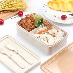 食器付き昼食箱の小麦ストローベント環境に優しい携帯用食品コンテナキッズピクニックスクールマイクロ波可能210423