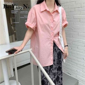 Koreanisch übergroße Blusen Damenknöpfe Feste Farbe bf lässig rosa losen Harajuku Blusas Top Femed Fashion Shirt 210506