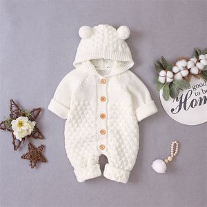 3-24M Hairball Baby Clothes Newborn Babe Solid Single Breasted Rompers Knitted Jumpsuit Cute Infant Boy Girls Hooded Outfit 733 V2