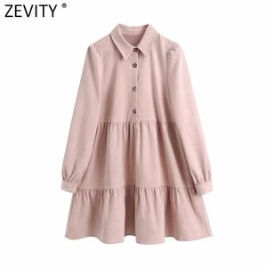 Zevity Women Vintage Solid Color Plees Sztoduroy Mini Dress Kobieta Z Długim Rękawem Casual Business Vestido Chic Koszula Suknie DS4817 210630