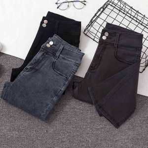 Calças de brim de cintura alta Moda Casual Streetwear Slim Black Azul Cinza Vintage Esticar Denim Pants 211129