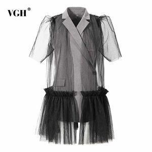 Elegant grå jacka för kvinnor lapel kortärmad patchwork mesh ruffle raka oregelbundna jackor kvinnliga våren mode 210531