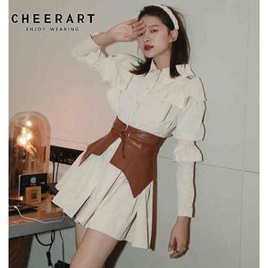 Autumn Ruffle Long Sleeve Shirt Dress Women Beige Button Up Collar Mini Tunic Puff Fashion 210427