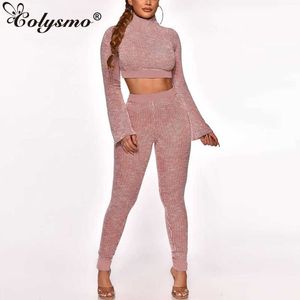 Colysmo Ribbed Knit Womens Loungewear Zestaw Turtleneck Elastyczna Wysoka Talia Flare Rękaw Bodycon Crop Top 2 szt. Spodnie pasujące 210527