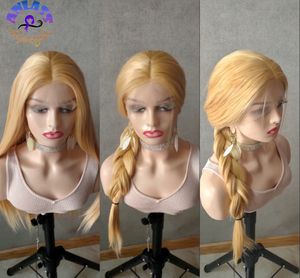 26 '' Glueless 613 Honey Blonde Lace Front Syntetiska peruker Mellandel Straight Hair Pre Plocked Värmebeständig Fiber Natural Daily Party Wig