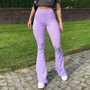 OMSJ Knitted Ribbed Strip Womens High Waist Flare Pants Purple Sexy Slim Long Trousers Basic Solid Casual Sweatpants Female 210517