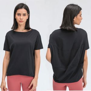 L-56 T-shirts de cores sólidas Roupas de ioga femininas com decote redondo Tops femininos esportivos para meninas Camisas fitness macias e descontraídas.