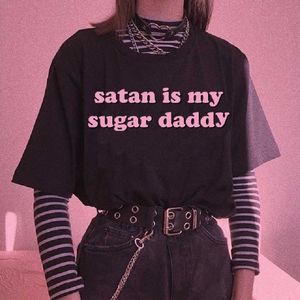 Summer Fashion Tops Satan Is My Sugar Daddy Tumblr Girls Shirt Aesthetic Clothing Sugar Baby Casual Harajuku streetwear T-shirt X0628