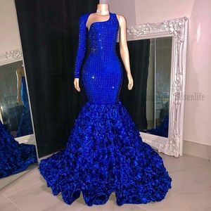 Designer Royal Blue Sexy Prom Dress Mermaid Rose Sweep Train Cocktail African Black Girls Evening Wear för Party Night