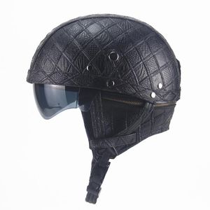 Capacetes de motocicleta Capacete de Moto Motor Cavaleiro Meia PU Couro Capacete Retro Visor Com Collar Open Face Motor Dual Lente Dual