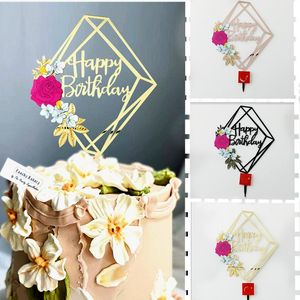 Altre forniture per feste festive Ins Rhombus Happy Birthday Cake Topper Toppers in acrilico dorato Decorazione per bambini Baby Shower