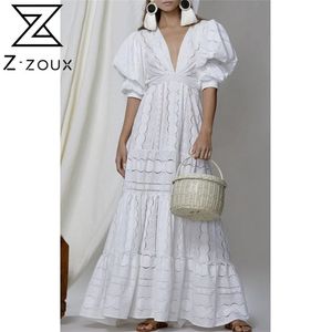 Women Dress Elegant White Lace es Deep V Neck Puff Sleeve Vintage High Waisted Hollow Out Maxi es 210513