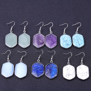 Designer Large Hexagon Stone Charms Earrings Rose Quartz Turquoise Lapis Lazuli Opal Copper Silver Plated Geometry Stones Dangle Brand Jewelry for Women