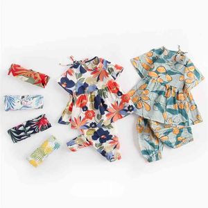 Verão Bebé Roupa Crianças Meninas Mangas Curtas Conjuntos Floral T-shirt + Calças roupas Terno Crianças 210521