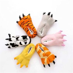 Hot Women's Winter Paw Skor Söt Tecknad Animal Bomull Tofflor Barnens glidbanor Barn Varma Plush Shoes Ladies Home Flip Flops Y1007