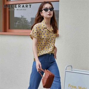 Amarelo blusa coreano mulheres manga curta camisa de verão casual lapela floral senhoras top moda roupas 210427