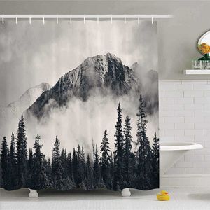 Berg wasserdichter Duschvorhang Waldlandschaft Thema Badezimmer Home Decor Nebel bedruckter Polyester Stoff Vorhang für Badezimmer 210609