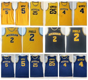 Mens NCAA Michigan Wolverines College 농구 유니폼 빈티지 4 Chris Webber 5 Jalen Rose 25 Juwan Howard 2 Jodan Poole Jersey 파란색 노란색 스티치 셔츠 S-XXL