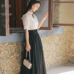 YOSIMI Two Piece Sets Suit Women Dress Spring Vintage Short Sleeve White Lace Shirt and Long Skirt Black 210604