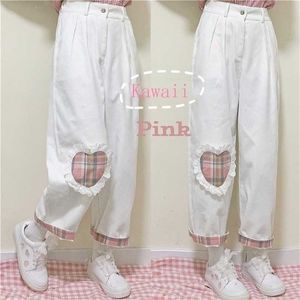 Japanische Harajuku Wilde süße weiche Schwester Casual Cord Kawaii gerade Hosen Teen Mädchen Liebe Herz Patch lose Studenten 211124